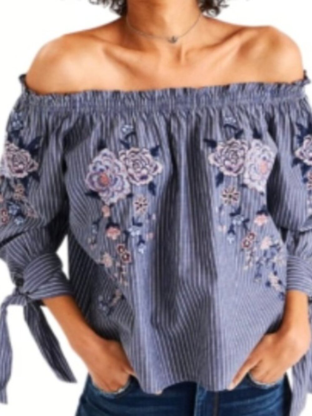 AEO American Eagle Outfitters Off Shoulder Top Blouse Shirt Floral Blue Size XS